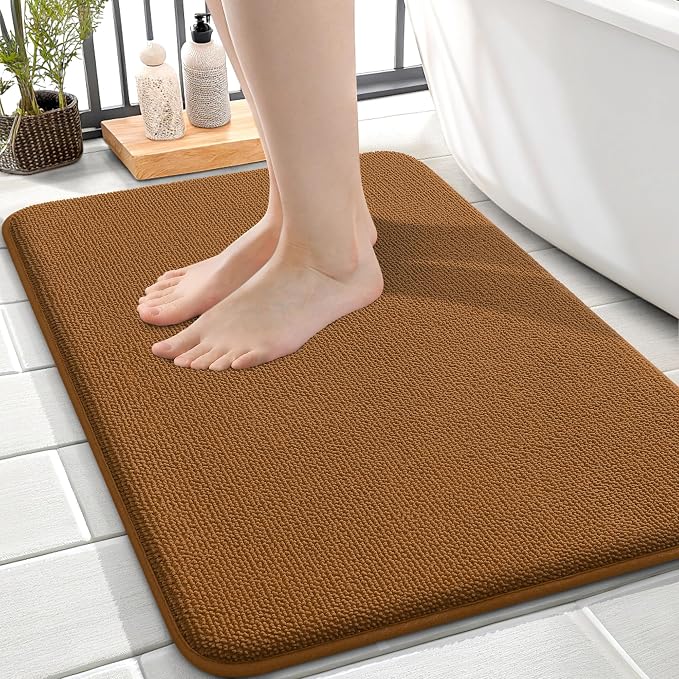 OLANLY Memory Foam Small Bathroom Rugs 24x16, Absorbent Bath Mat, Ochre | Soft Quick Dry Bath Rugs, Non-Slip Carpet, Machine Washable Mat for Bathroom Floor, Tub and Shower, Home Decor Accessories