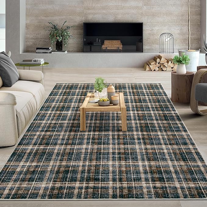 Large Living Room Rugs 10x13 Area Rug Stain Resistant Farmhouse Dining Room Carpet Non Slip Checkered Bordered Carpet for Classroom Dining Room, Black&Brown