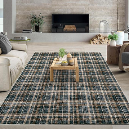 Large Living Room Rugs 10x13 Area Rug Stain Resistant Farmhouse Dining Room Carpet Non Slip Checkered Bordered Carpet for Classroom Dining Room, Black&Brown