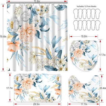 16 PCS Floral Shower Curtain Set with Rugs,72x72 Inch | Flower Bath Curtains, High Absorbent Non-Slip Mats, Thick 120GSM Fabric Curtain with 12 Brushed Metal Hooks,