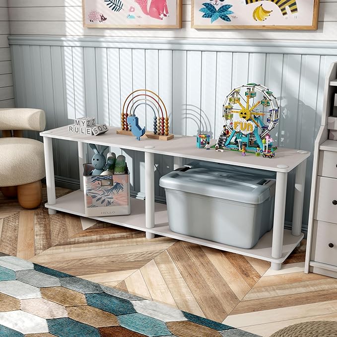 Homes: Inside + Out Apexa Modern 2-Tier Extra Wide Shelving Units, Collectibles Display Shelves, Easy Assembly Low Shelf, Home Storage Organizer for Living Room, Bedroom, Office, Taupe Grey