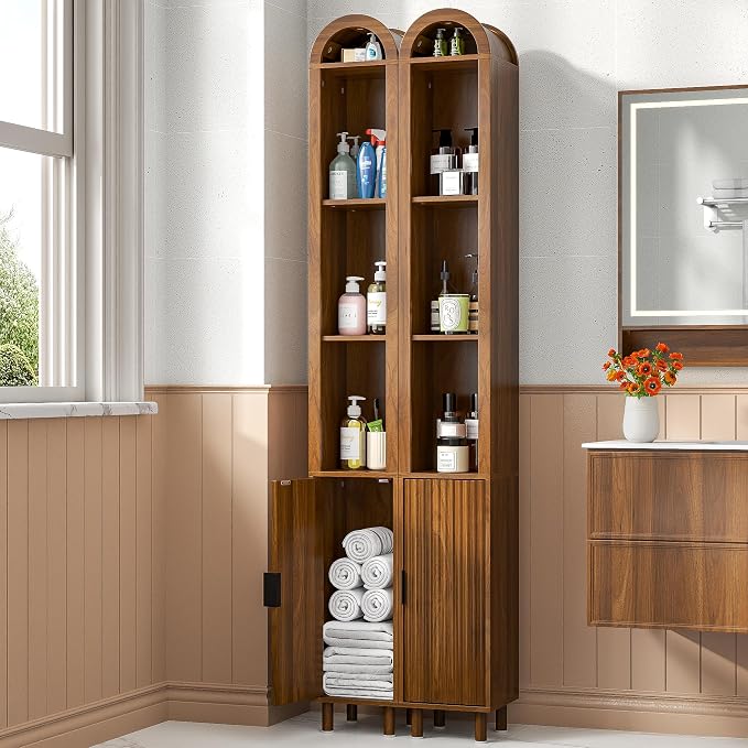 Narrow Bathroom Storage Cabinet, Tall Arched Small Wood Cabinet, Slim | Skinny Mid Century Modern Towel Cabinet, Fluted Doors, 4 Tier Shelves, Wooden Display Cabinet for Living Dining Room, Walnut