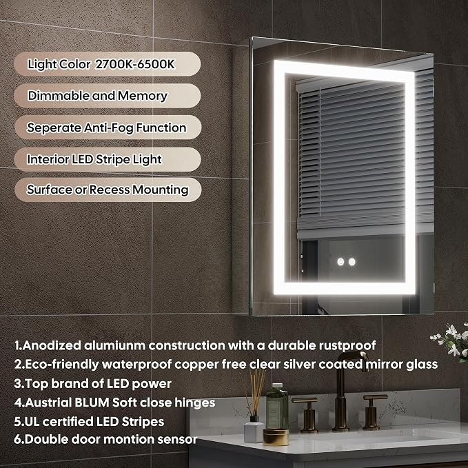 24"" X 30"" LED Medicine Cabinet with Mirror for Bathroom, Medicine Cabinet with Lights, Bathroom Mirror with Storage, Single Left Opening Doors, Dimmer, Defogger, Outlets & USB Ports, Glass