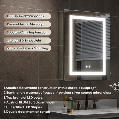 24"" X 30"" LED Medicine Cabinet with Mirror for Bathroom, Medicine Cabinet with Lights, Bathroom Mirror with Storage, Single Left Opening Doors, Dimmer, Defogger, Outlets & USB Ports, Glass