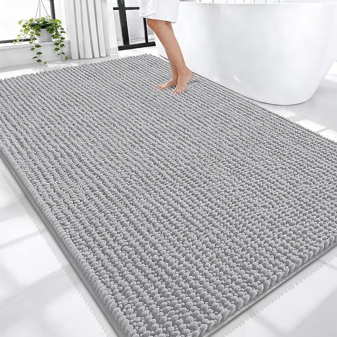 OLANLY Thick Chenille Large Bathroom Rugs Mats 70x46, Light Grey | Soft Absorbent Bath Rugs, Rubber Backing, Machine Wash Dry, Bath Mats for Bathroom, Tub and Shower, Home Decor Accessories