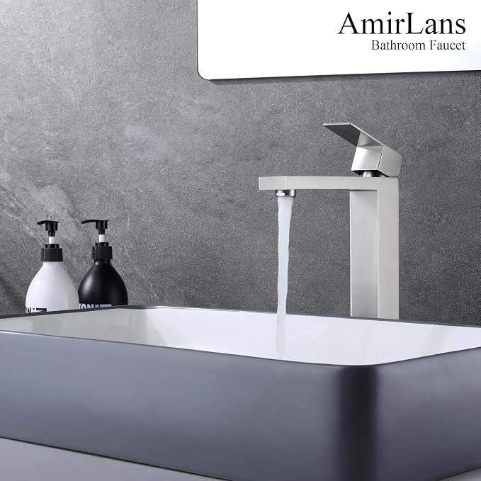 Brushed Nickel Vessel Sink Faucet, Tall Bathroom Faucet 1 Hole | Stainless Steel Single Hole Bathroom Sink Faucet, Tall Vanity Faucet with Pop Up Drain