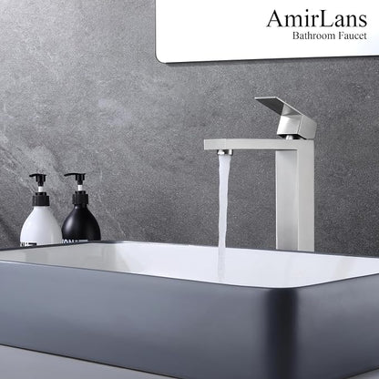 Brushed Nickel Vessel Sink Faucet, Tall Bathroom Faucet 1 Hole | Stainless Steel Single Hole Bathroom Sink Faucet, Tall Vanity Faucet with Pop Up Drain
