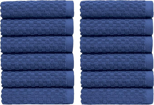 COTTON CRAFT Euro Spa Waffle Wash Cloth - Set of 12 Luxury Pure Ringspun Cotton Waffle Weave Bathroom Face Towel - Everyday Absorbent Hotel Gym Shower Beach Kitchen Travel Dorm - 12x12 inches - Blue