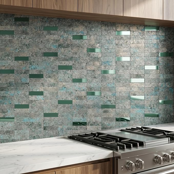 XUANINY Peel and Stick Tile Backsplash Self- Adhesive Wall Tiles Aluminum Mosaic Sticker for Kitchen (11.33"x11.92" Per Sheet, Pack of 10 pcs) (Grey Green 10)