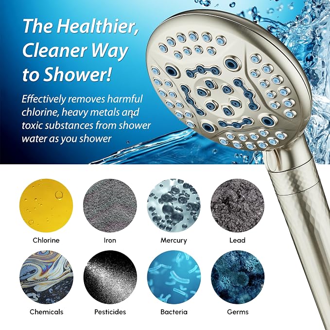 AquaCare 4X 10-Mode High Pressure Hand Shower w/Filter & 2-mode Power Wash | Filters Chlorine & Toxins, Softens Hard Water for Healthy Skin & Hair. Handheld Power Head Cleans Tub, Tile & Pets / Nickel