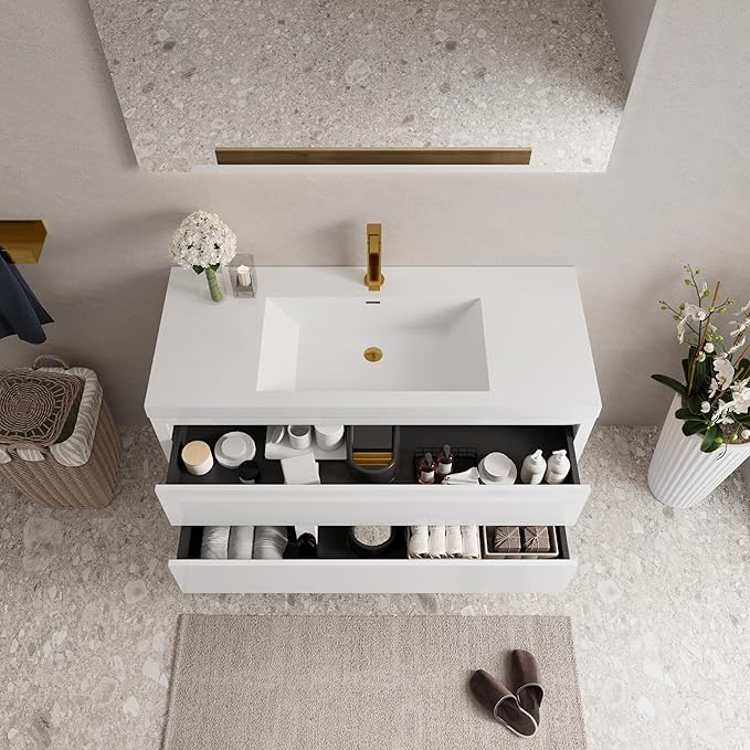 Abruzzo 48" Glossy White Wall-Mounted Bathroom Vanity with Sink – Stone Resin Countertop & Soft-Close Drawers, Waterproof Wood Cabinet for Small Bathrooms