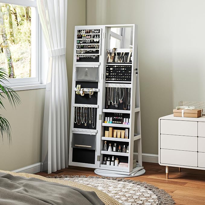 HOMCOM 360° Swivel Jewelry Cabinet Lockable with Full-Length Mirror White | Jewelry Armoire Organizer, Back Storage Shelves, Interior Small Mirror, Bedroom Living Room