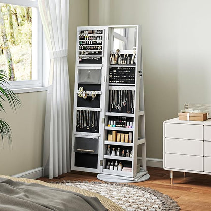 HOMCOM 360° Swivel Jewelry Cabinet Lockable with Full-Length Mirror White | Jewelry Armoire Organizer, Back Storage Shelves, Interior Small Mirror, Bedroom Living Room