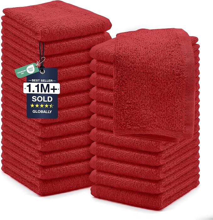 DAN RIVER 24 Pack Cotton Wash Cloths Set for Showering [12x12] Red | Lighter Weight, Quick to Dry, Super Soft & Absorbent Face Towels, Hotel Quality, Perfect for Bathroom, Gym, Spa