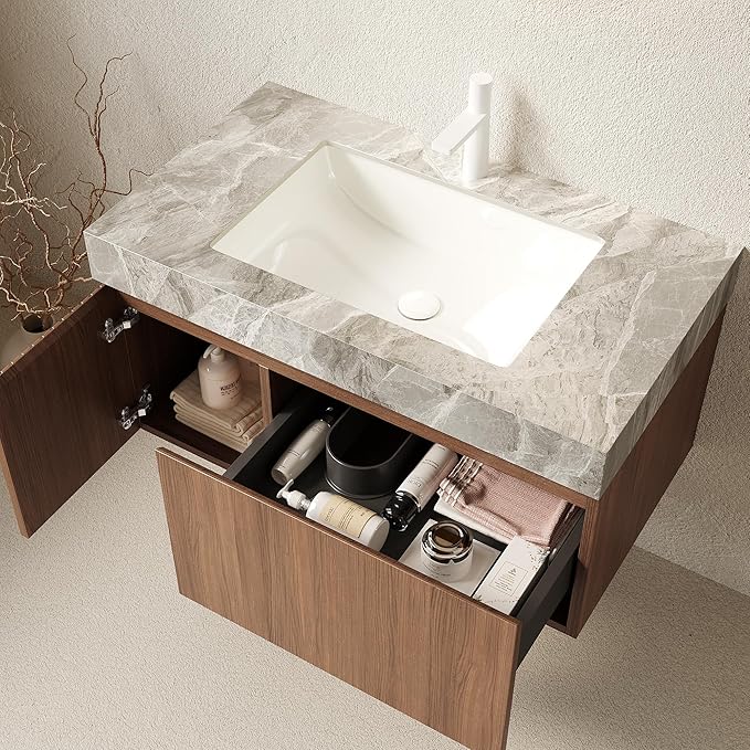 KEIKI 36 Inch Floating Bathroom Vanity with Sink, Modern Wall Mounted Storage Cabinet with Drawer, Pre-Assembled Waterproof Wood Panels, Sintered Stone Top & Ceramic Basin Combo Set, Brown Oak & Grey