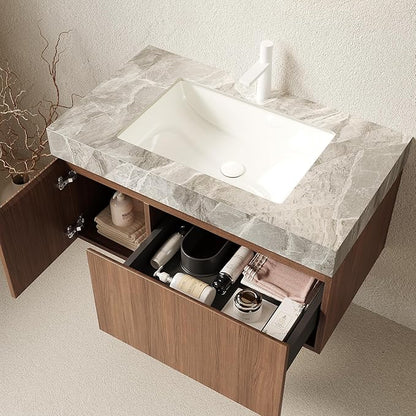 KEIKI 36 Inch Floating Bathroom Vanity with Sink, Modern Wall Mounted Storage Cabinet with Drawer, Pre-Assembled Waterproof Wood Panels, Sintered Stone Top & Ceramic Basin Combo Set, Brown Oak & Grey