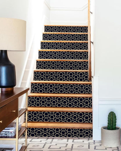 FLFK Stair Riser Decals - Rhombic Black and Gold Texture Stair Stickers Murals Peel and Stick Self-Adhesive for Home Decor, 39.3" W x 7.08" H x 13Pcs