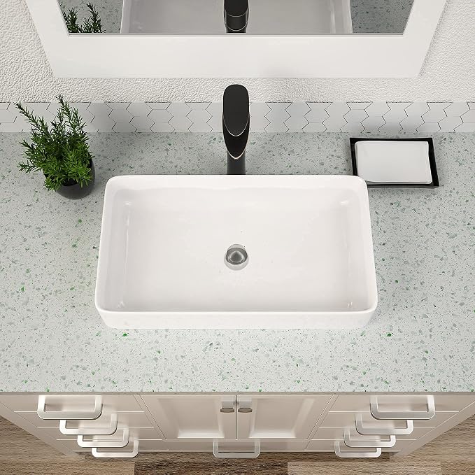 Vessel Sink Rectangular, Dcolora 24"x14" White Vessel Sink Ceramic Porcelain Rectangle Bathroom Vessel Sink Above Counter Vanity Sink Basin
