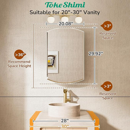 TokeShimi 20 x 30 Oval Medicine Cabinet with Mirror Recessed, Metal Surface Mounted White Arched Medicine Cabinet with Mirror Beveled with Storage Bathroom