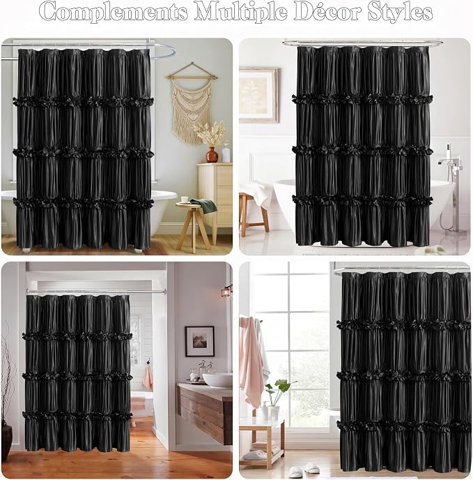 Victorian Ruffle Black Shower Curtain 72x78 Inches Long | Vintage Handcrafted Bow Tie Bath Curtain for Master Bathroom, Ruched Satin Bathroom Curtain with 12 Buttonholes (LQ-10)