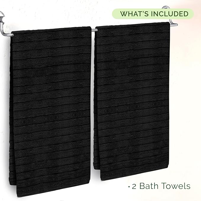 Elegant Comfort 100% Turkish Cotton Corduroy Ribbed Luxury Soft 2 Pack Bath Towels 27 x 54 Inch - Ultra Plush, Absorbent, Quick Dry, Hotel Spa Quality Towels for Bathroom Essentials, Black
