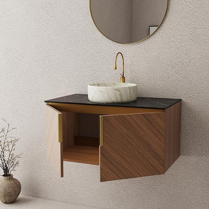 LKTART 36 Inch Bathroom Vanity with Sink, Modern Wall Mounted Bathroom Sink with 2 Doors, Black Sintered Stone Countertop and Stone Round Ceramic Basin