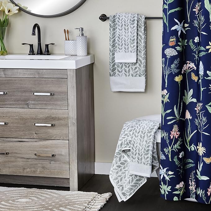 SKL Home Distressed Leaves Bath Towel, 100% Turkish Cotton, Sage | 600 GSM weight. Spa-level quality. Soft, & absorbent, reversible jacquard.