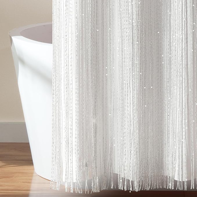 Lush Decor Night Sky String Thread Shower Curtain With PEVA Liner, 2 Piece Set, 72" W x 72" L, White - Silver String Shower Curtain and Liner Set - Shimmery Bath Curtain - Modern Glam Bathroom Decor