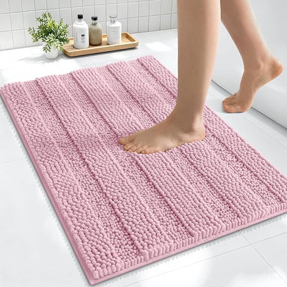 Smiry Thick Small Chenille Bathroom Rugs 24x16, Soft Bath Mat, Dusty Rose | Quick‑Dry & Machine Washable, Non‑Slip Bath Carpet, Striped Bath Rugs for Tub & Shower, Modern Home Decor Accessories