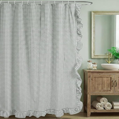 HunnmingRe Ruffled Gingham Shower Curtain Sage Green | 72'' x 72'' Vintage Farmhouse Curtain, Cotton Cottage Core Rural Checkered Plaid Decor, Fall Shower Curtain for Bathroom