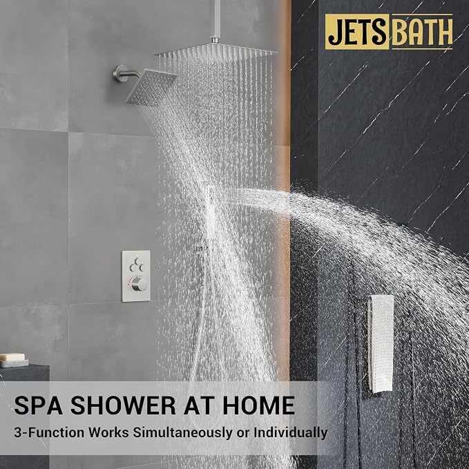 Thermostatic Dual Shower Head System, Brushed Nickel Shower Faucet | 12 Inch Ceiling Rainfall Shower, 6 Inch Wall Mount Head, High Pressure Handheld Sprayer, Push Button Valve