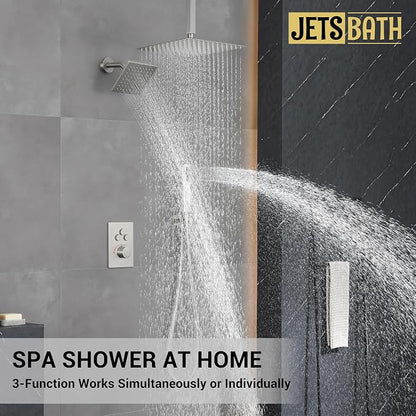 Thermostatic Dual Shower Head System, Brushed Nickel Shower Faucet | 12 Inch Ceiling Rainfall Shower, 6 Inch Wall Mount Head, High Pressure Handheld Sprayer, Push Button Valve