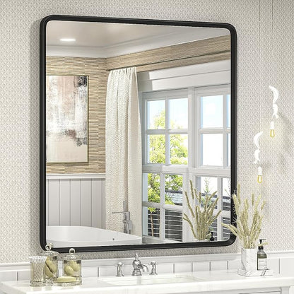 32x36 Black Bathroom Mirror | Black Matte Metal Framed Vanity Mirror, Rounded Rectangle Mirror, Anti-Rust, Shatterproof (Horizontal/Vertical)