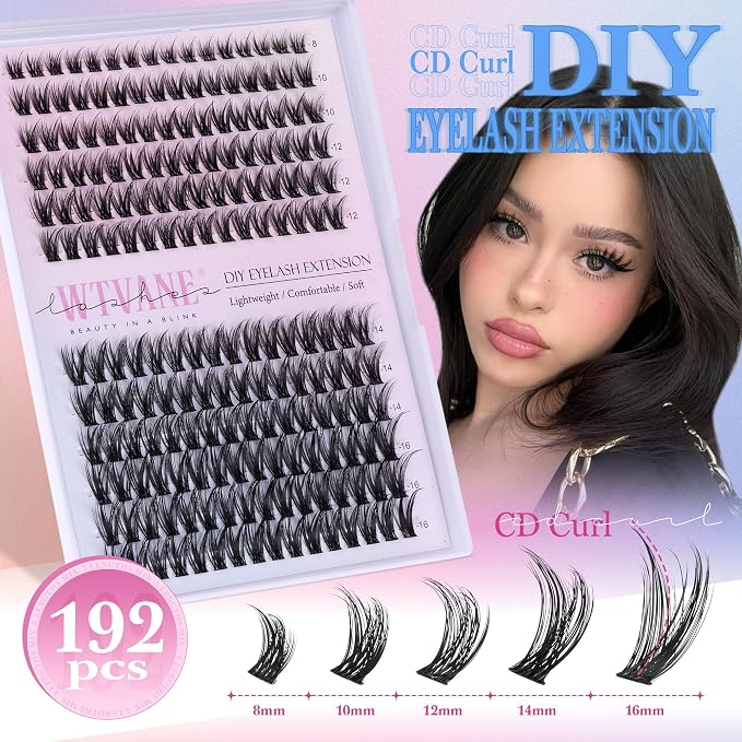 Fairy Lash Clusters Kit Wispy Eyelash Clusters DIY 8-16mm Manga Lash Clusters Eyelash Extension Kit 192pcs Individual Lashes Natural Lash Extension Kit with Lash Bond and Seal, Lash Tweezers by Wtvane
