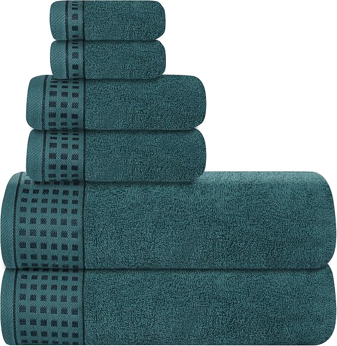GLAMBURG 100% Cotton Ultra Soft 6 Pack Towel Set, Contains 2 Bath Towels 28x55 Inches, 2 Hand Towels 16x24 Inches & 2 Wash Coths 12x12 Inches, Compact Absorbent Lightweight & Quickdry - Teal
