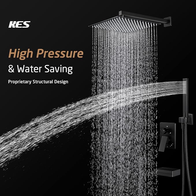 KES Black Shower Faucet Set Complete, 12 Inch Rainfall Shower Head with Handheld Spray, Waterfall Tub Spout Bathtub Faucet, Shower System, Regaderas Modernas Para Ducha, XB6305F18S12-BK