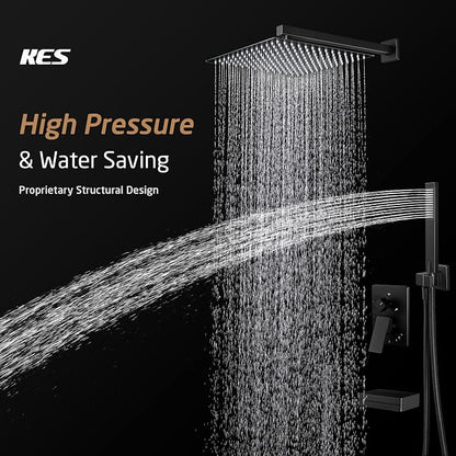 KES Black Shower Faucet Set Complete, 12 Inch Rainfall Shower Head with Handheld Spray, Waterfall Tub Spout Bathtub Faucet, Shower System, Regaderas Modernas Para Ducha, XB6305F18S12-BK