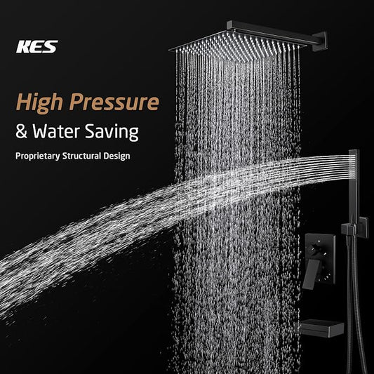KES Black Shower Faucet Set Complete, 12 Inch Rainfall Shower Head with Handheld Spray, Waterfall Tub Spout Bathtub Faucet, Shower System, Regaderas Modernas Para Ducha, XB6305F18S12-BK