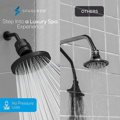 SparkPod Filtered Shower Head, 23-Stage, 8" Round, Black Matte | Showerhead for Hard Water, High Pressure, Reduces Chlorine, Heavy Metals, For Dry Skin & Hair, Removable Capsule Filter
