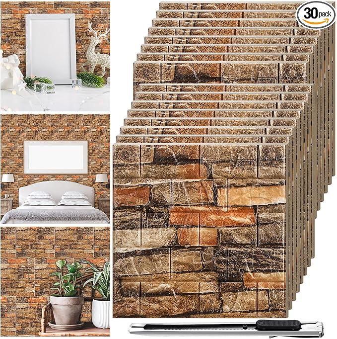 30 Pcs 3D Wall Panels Peel and Stick Wallpaper Foam, Rustic Brown | Faux Brick Stone Tiles, Covering 28.8-48.4 Sq ft, Self Adhesive Waterproof Panels for Bedroom Living Room Kitchen Walls