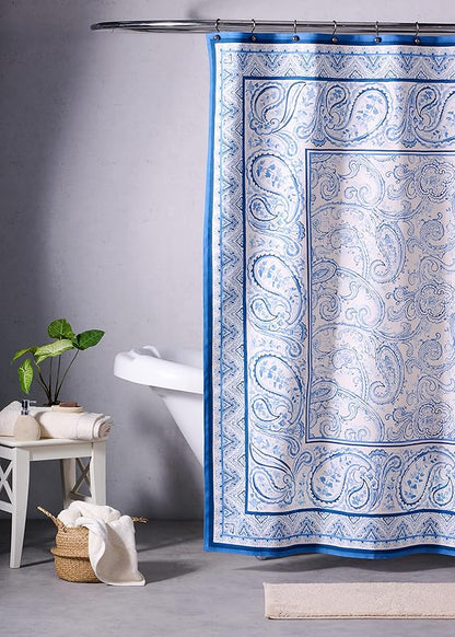 Maison d' Hermine Shower Curtain 100% Cotton One Panel 70"x72" Washable Fabric Shower Curtains for Bathroom, Easy Hanging with 12 Button Holes -Hotel Spa Easter Gifts (Palatial Paisley - Blue)