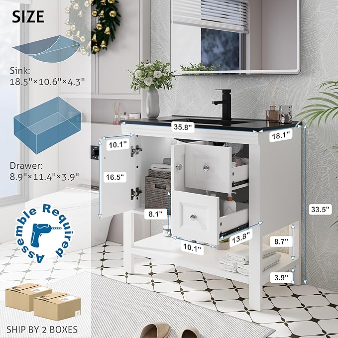 eclife 36" Bathroom Vanity with Sink Combo, Modern Painted Vanities Cabinet w/Wide Opening Storage Shelf, 2 Drawers, Soft Closing Doors and Undermount Black Sink Faucet Drain, White