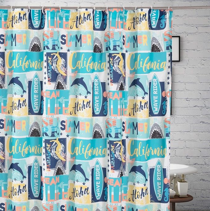 Greenland Home Fashions Fabric Sensations Shower Curtain, Stylish Bathroom Decor, Machine Washable, 72 inches x 72 inches, Wave Rider