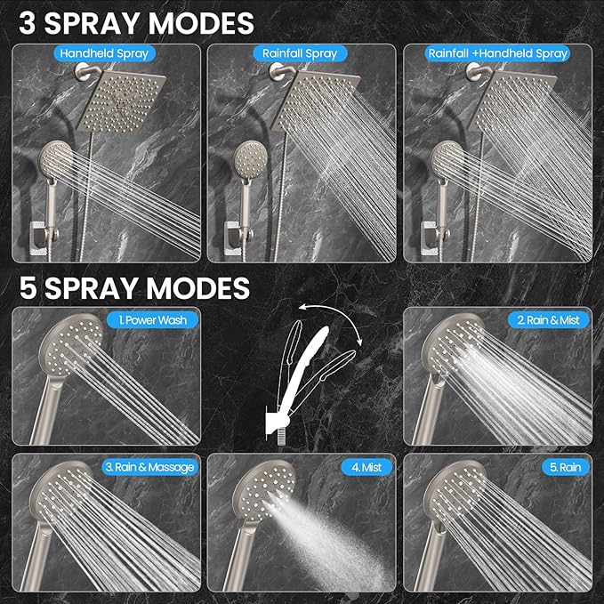 Veken Multi-Function Shower Head with Handheld, High Pressure, Starlight | Square Rainfall Showerhead with 5-mode Hand Held Spray, Dual Shower Heads Combo, Detachable Showerheads with Hose, Home Gifts