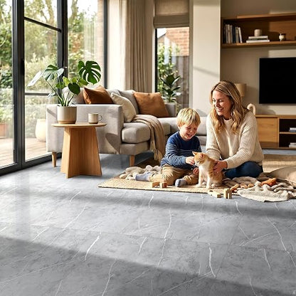 DEXDE Peel and Stick Floor Tile Grey Marble Waterproof 2FTx2FT 20 PC | Waterproof Self-adhesive Vinyl Floor Tiles, 80 Sq.Ft (20 Large 24x24 Pack), Vinyl Flooring for Bathroom Kitchen DIY Upgrades