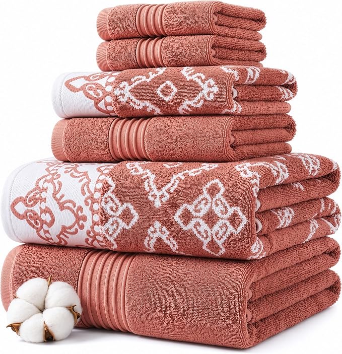 Modern Threads Charlize 6-Piece 100% Cotton Towel Set – Reversible Yarn Dyed Jacquard & Solid – Includes 2 Bath Towels, 2 Hand Towels, 2 Washcloths – Absorbent, Quick Dry, Soft & Durable – Clay