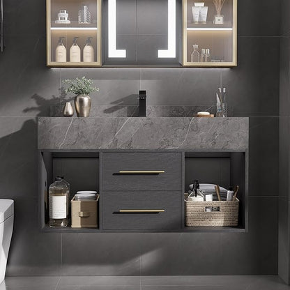 homary 39.4" Floating Bathroom Vanity with Sink, Modern Wall-Mounted Vanity Bathroom Cabinet with Sintered Stone Countertop, Undermount Sink & Black, 2 Open Storage Shelves