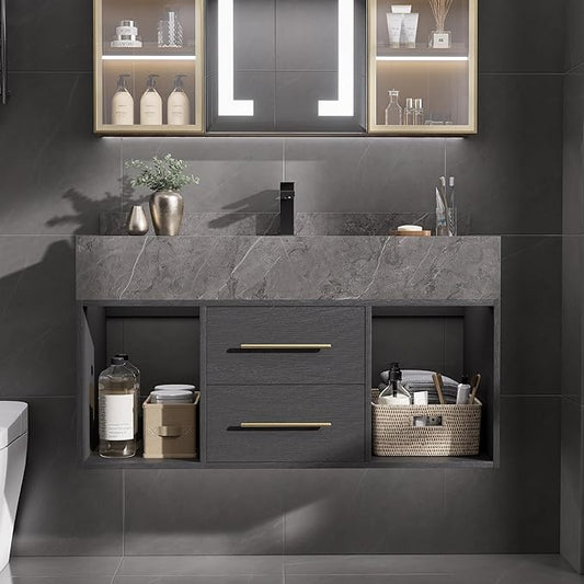 homary 39.4" Floating Bathroom Vanity with Sink, Modern Wall-Mounted Vanity Bathroom Cabinet with Sintered Stone Countertop, Undermount Sink & Black, 2 Open Storage Shelves