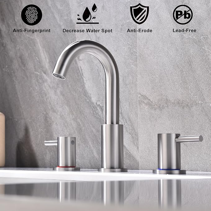 2 Handle Bathroom Faucet, 8 in Brushed Nickel Widespread Bathroom Sink Faucet with Pop Up Drain and Supply Lines, Stainless Steel 3 Hole Bathroom Faucet for Vanity