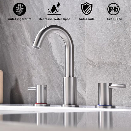 2 Handle Bathroom Faucet, 8 in Brushed Nickel Widespread Bathroom Sink Faucet with Pop Up Drain and Supply Lines, Stainless Steel 3 Hole Bathroom Faucet for Vanity
